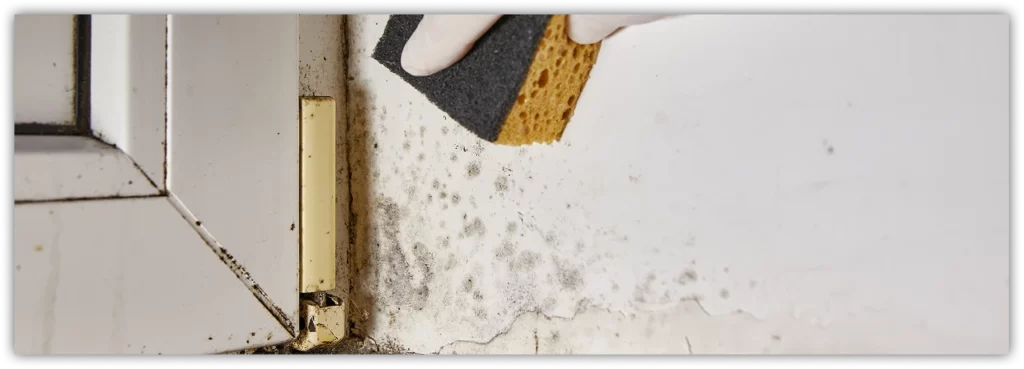 Mold remediation service showing a gloved hand cleaning wall mold with a sponge.