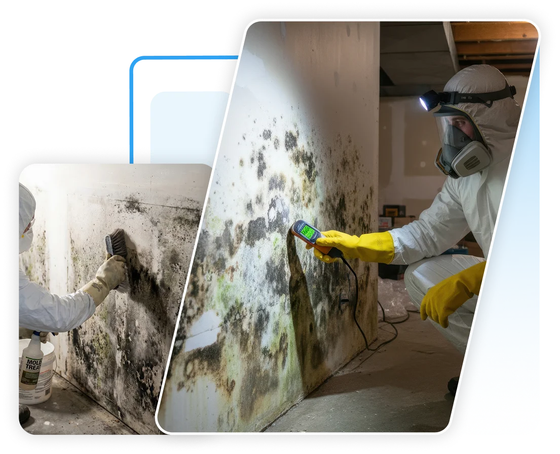 Mold remediation specialists cleaning a moldy basement wall.