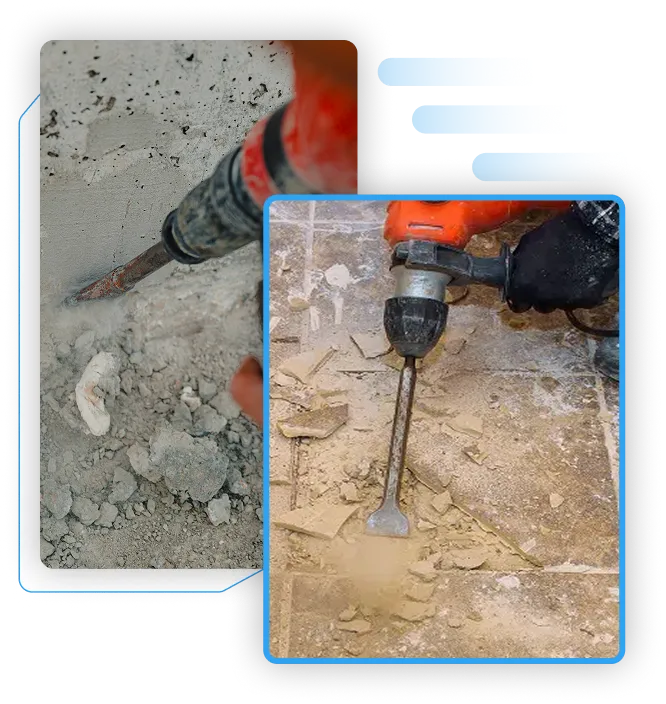 Close-up of interior demolition work featuring a rotary hammer chiseling away a concrete wall and a contractor removing old ceramic floor tiles.