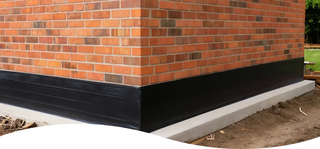 Black exterior waterproofing membrane applied to the base of a red brick house foundation.