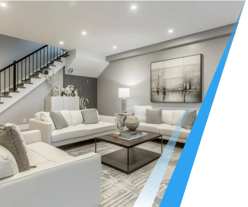Beautifully finished modern basement living room after professional waterproofing and remodeling services.