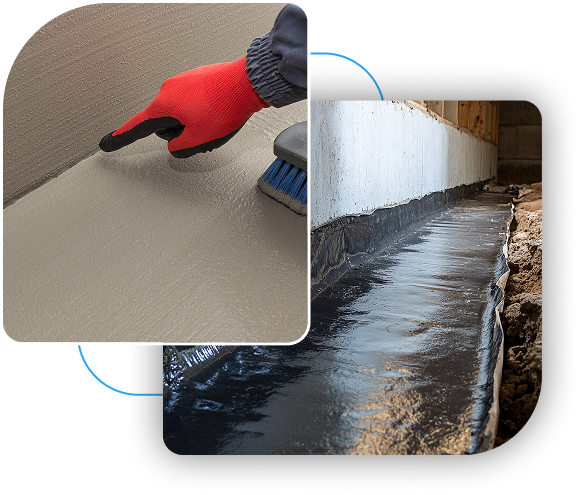 Collage of waterproofing work showing a worker's gloved hand smoothing a wall membrane over concrete.
