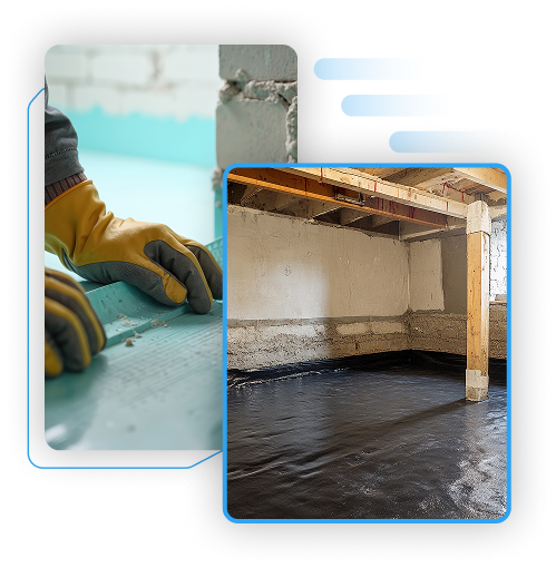 Collage featuring a waterproofing contractor applying wall sealant next to a finished basement interior.
