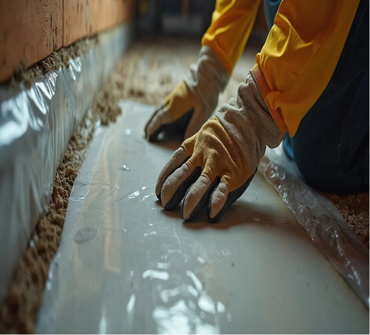 Close-up of a contractor's gloved hands installing a plastic vapor barrier over a crawl space dirt floor.