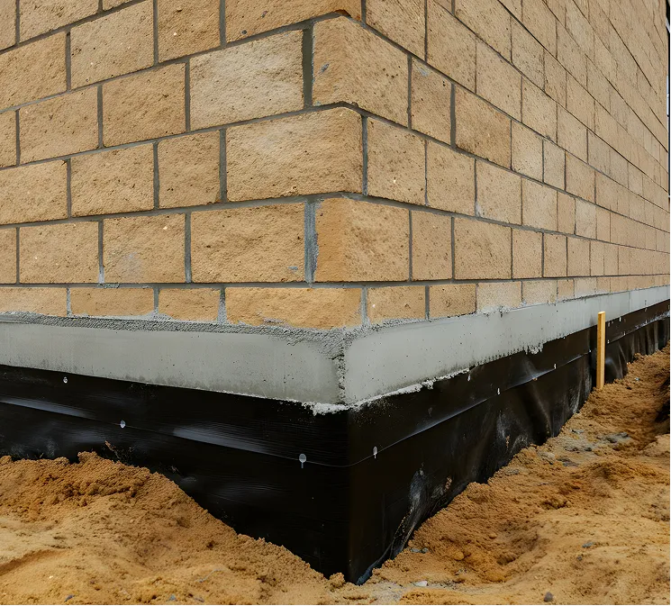 Exterior foundation waterproofing showing a black moisture membrane installed below a residential brick wall.