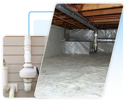 Exterior radon mitigation fan and an encapsulated crawl space.