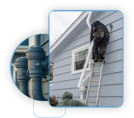 Contractor installing an exterior radon mitigation system.