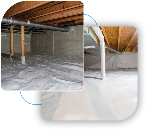 Encapsulated crawl spaces with bright white vapor barriers.