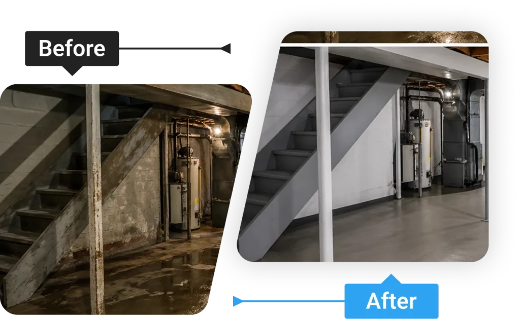 Before and after comparison of a flooded basement transformed into a clean, dry, and waterproofed space with a sump pump.