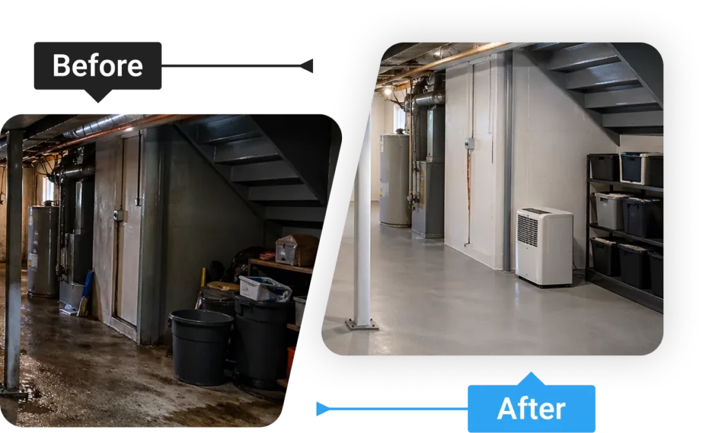 Before and after wet basement repair featuring a new dehumidifier and clean storage area.