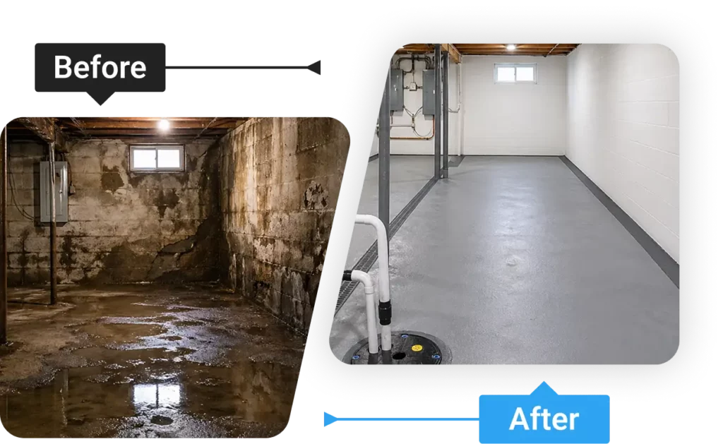 Before and after flooded basement waterproofing and sump pump installation.