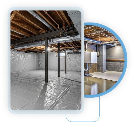 Basement interior featuring steel support beams, concrete pillars, and proper moisture control drainage.