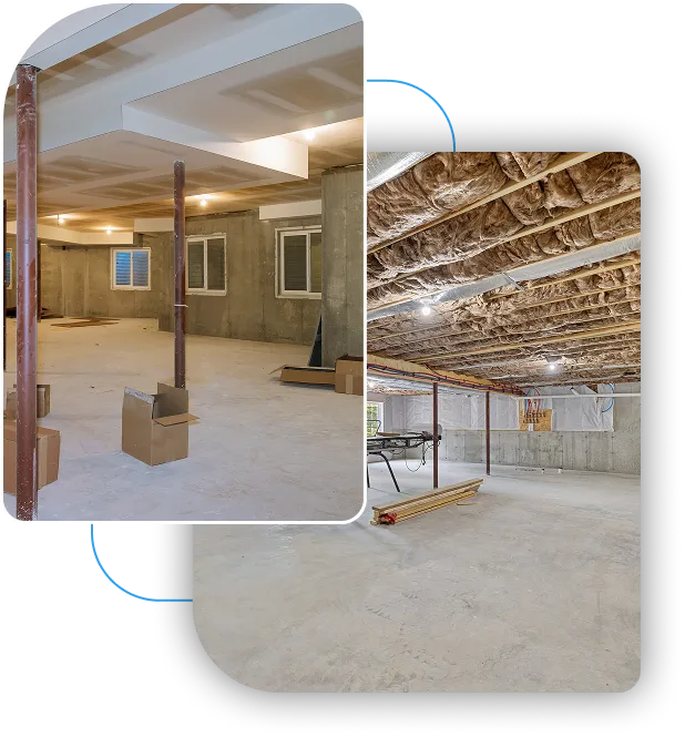 Unfinished residential basement renovation showing ceiling insulation and drywall installation.