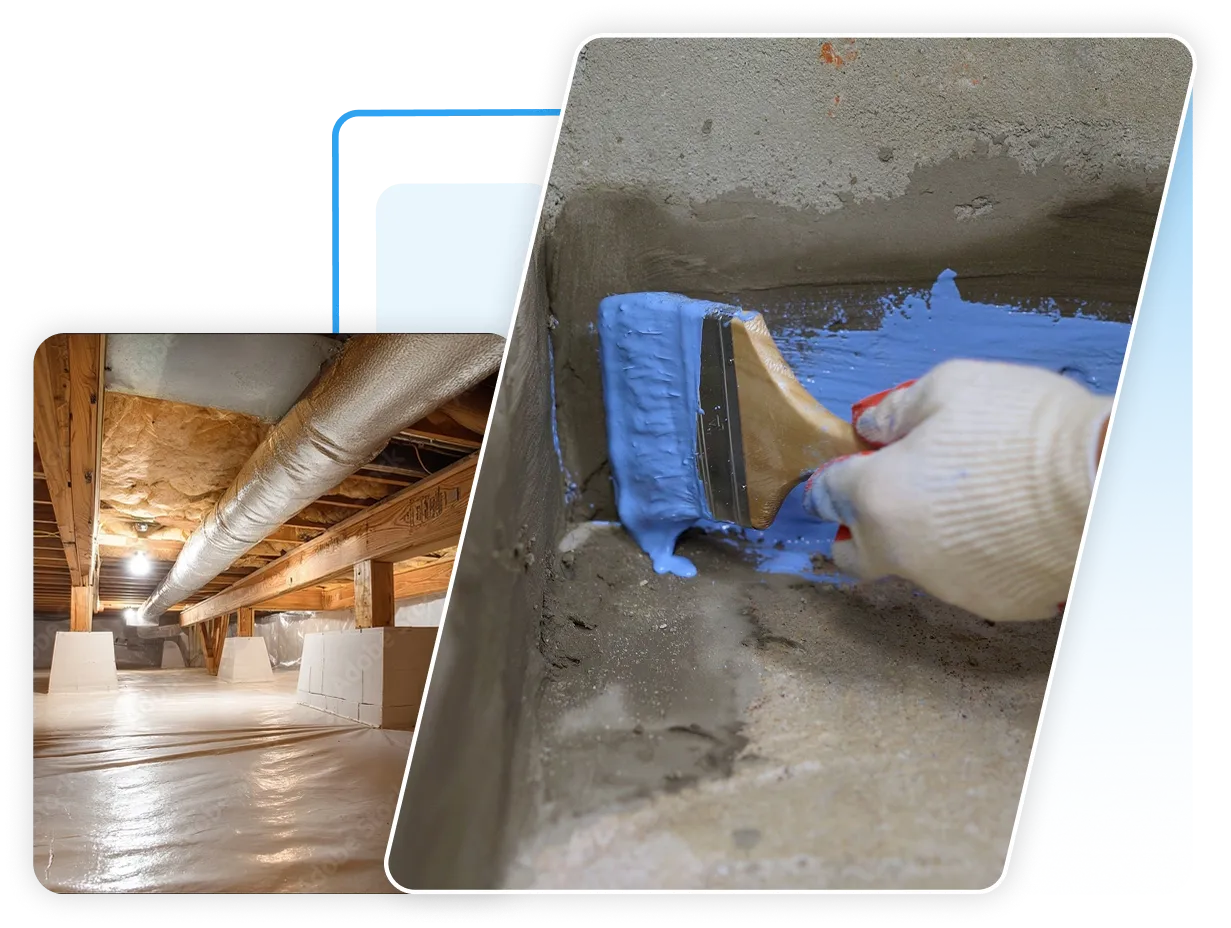 Applying blue liquid waterproofing membrane to a concrete foundation and a fully encapsulated residential crawl space.
