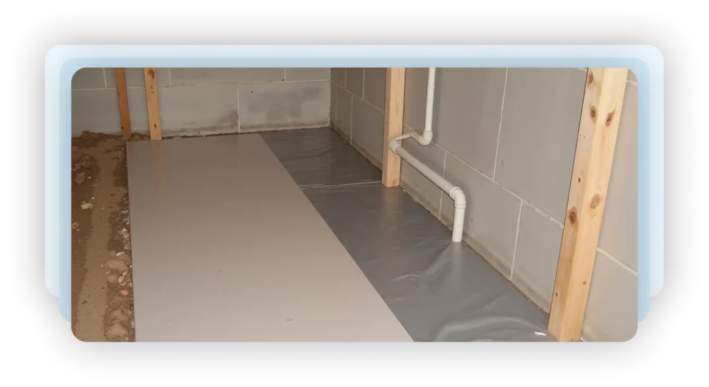 Crawl space encapsulation process showing a heavy-duty grey vapor barrier installed over a dirt floor.