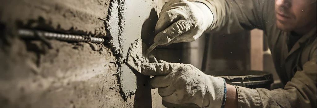 Foundation repair contractor fixing a crack in a concrete wall.
