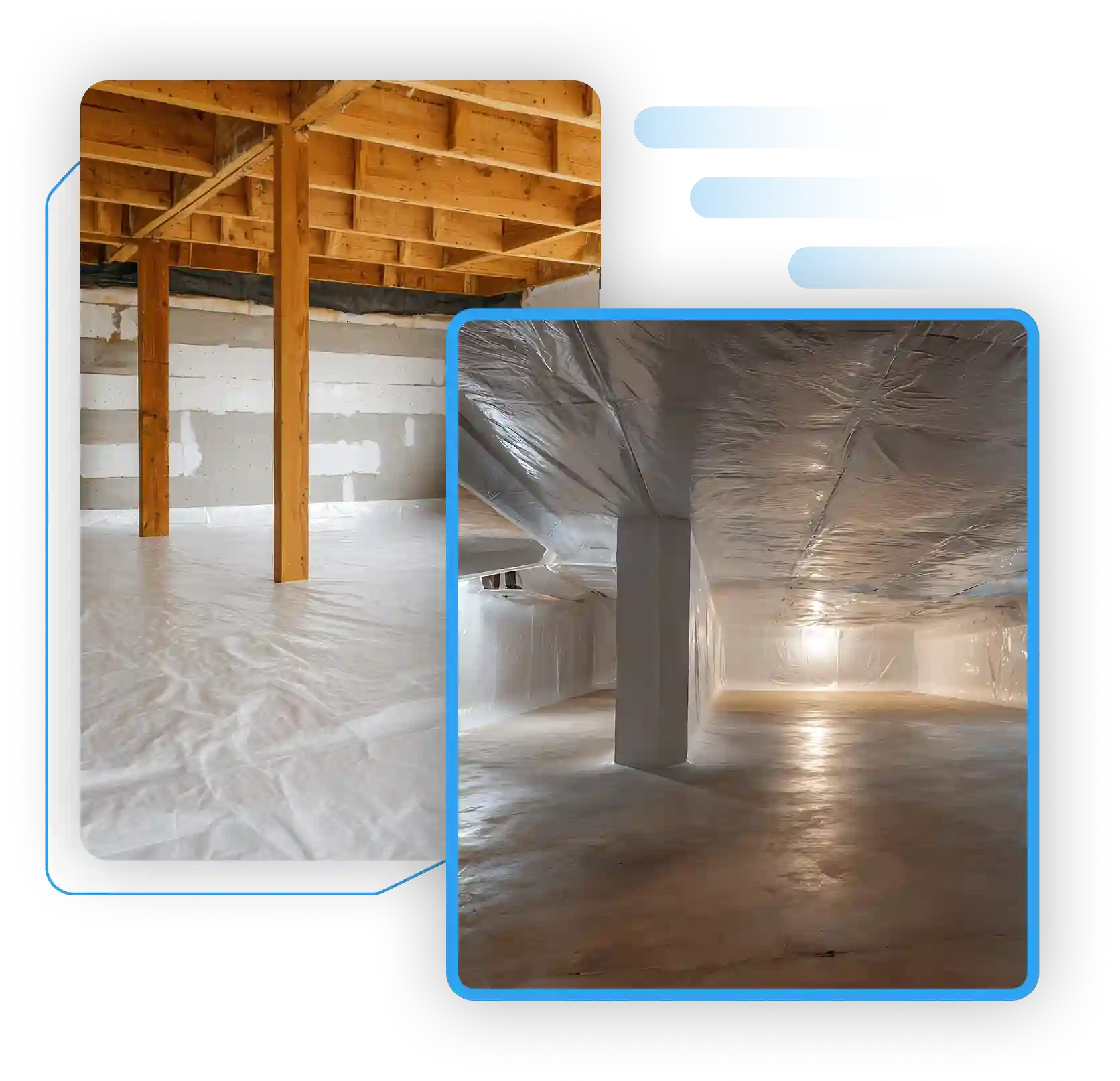 Professional crawl space encapsulation and vapor barrier installation process.