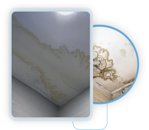 Ceiling water damage showing peeling paint and brown stains from a persistent structural roof or plumbing leak.
