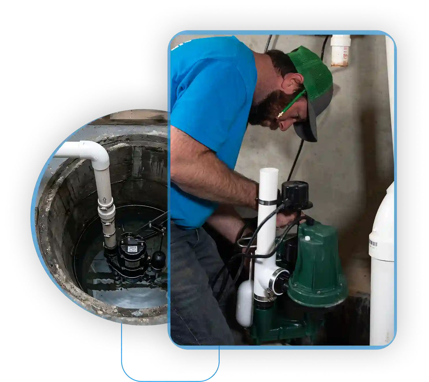Contractor working inside a basement utility area on sump pump maintenance.