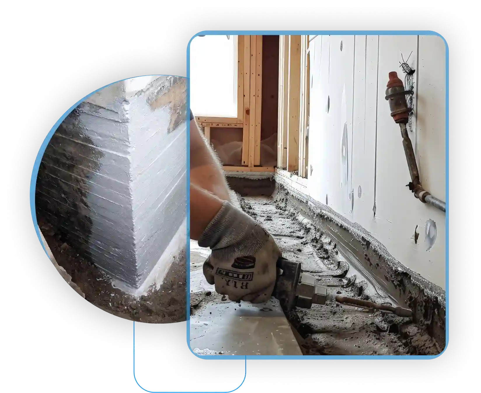 Breaking a concrete basement floor for French drain installation.