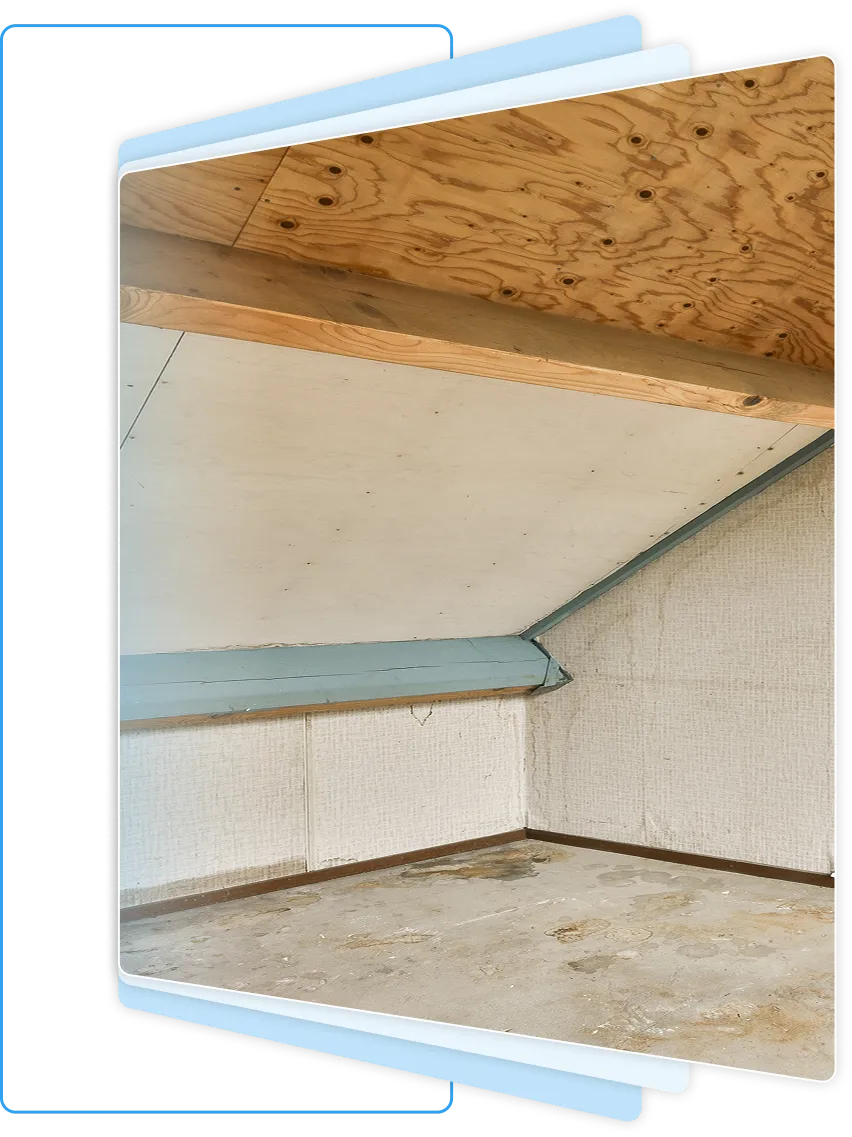 Collage contrasting aged wooden basement ceiling joists with a bright, clean waterproofed space.