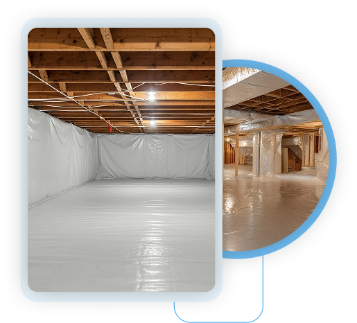 Basement ceiling framing with wooden joists and electrical wiring installations.