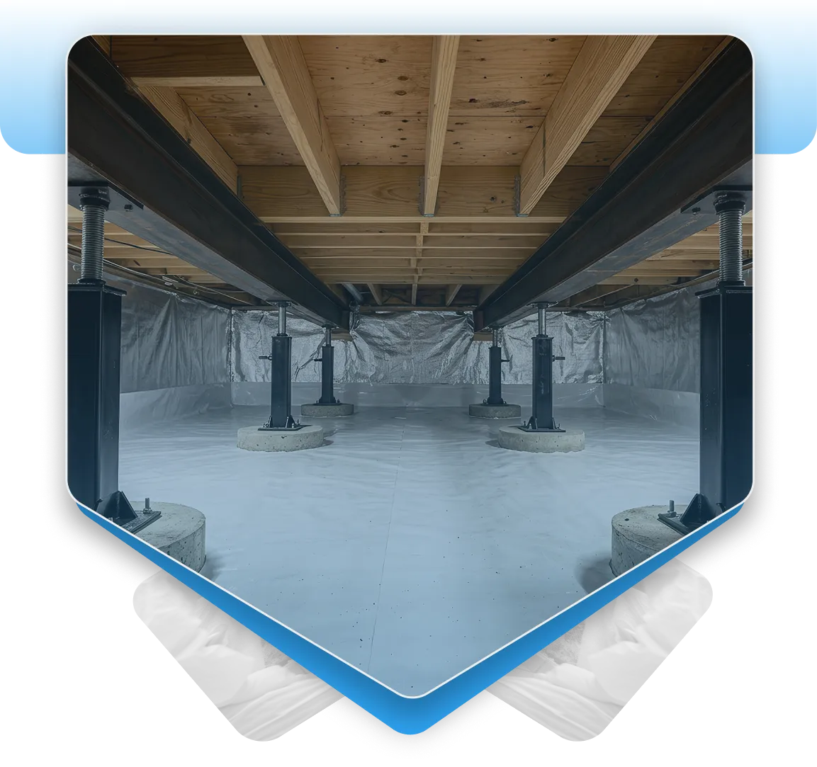 Stabilized crawl space with support jacks and vapor barrier.