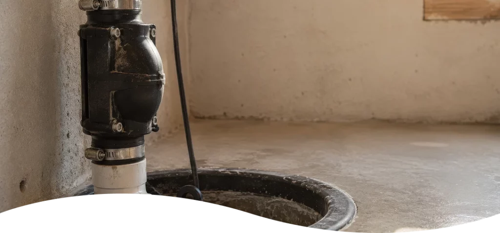 Basement sump pump installation featuring a black check valve and PVC pipe emerging from a concrete floor pit.