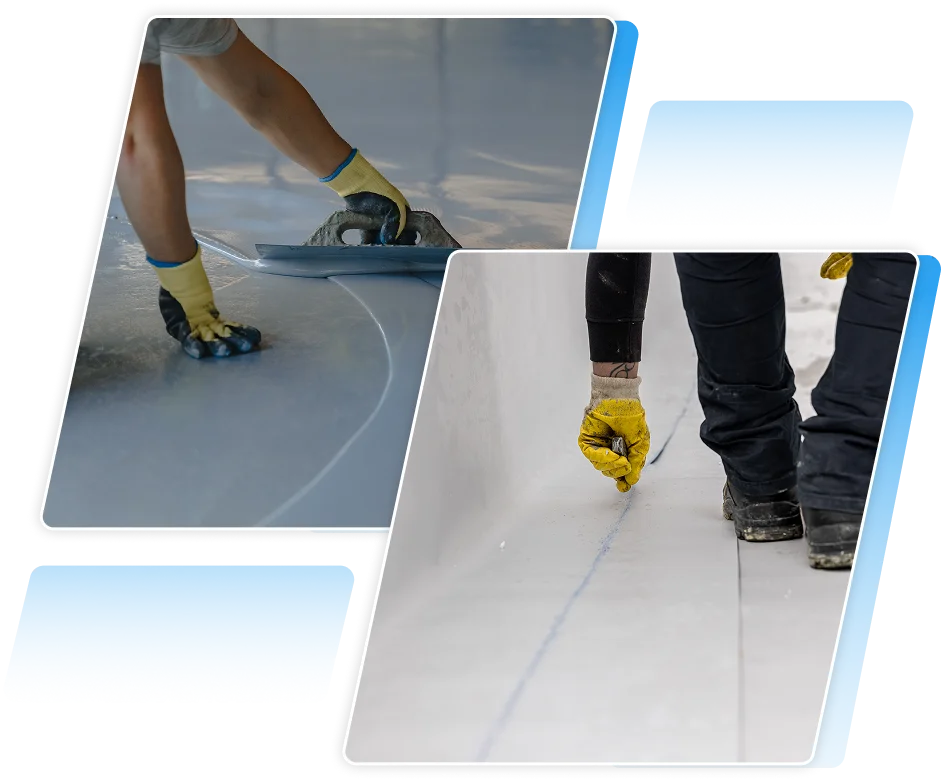 Workers sealing floor membrane and applying waterproof surface coating.