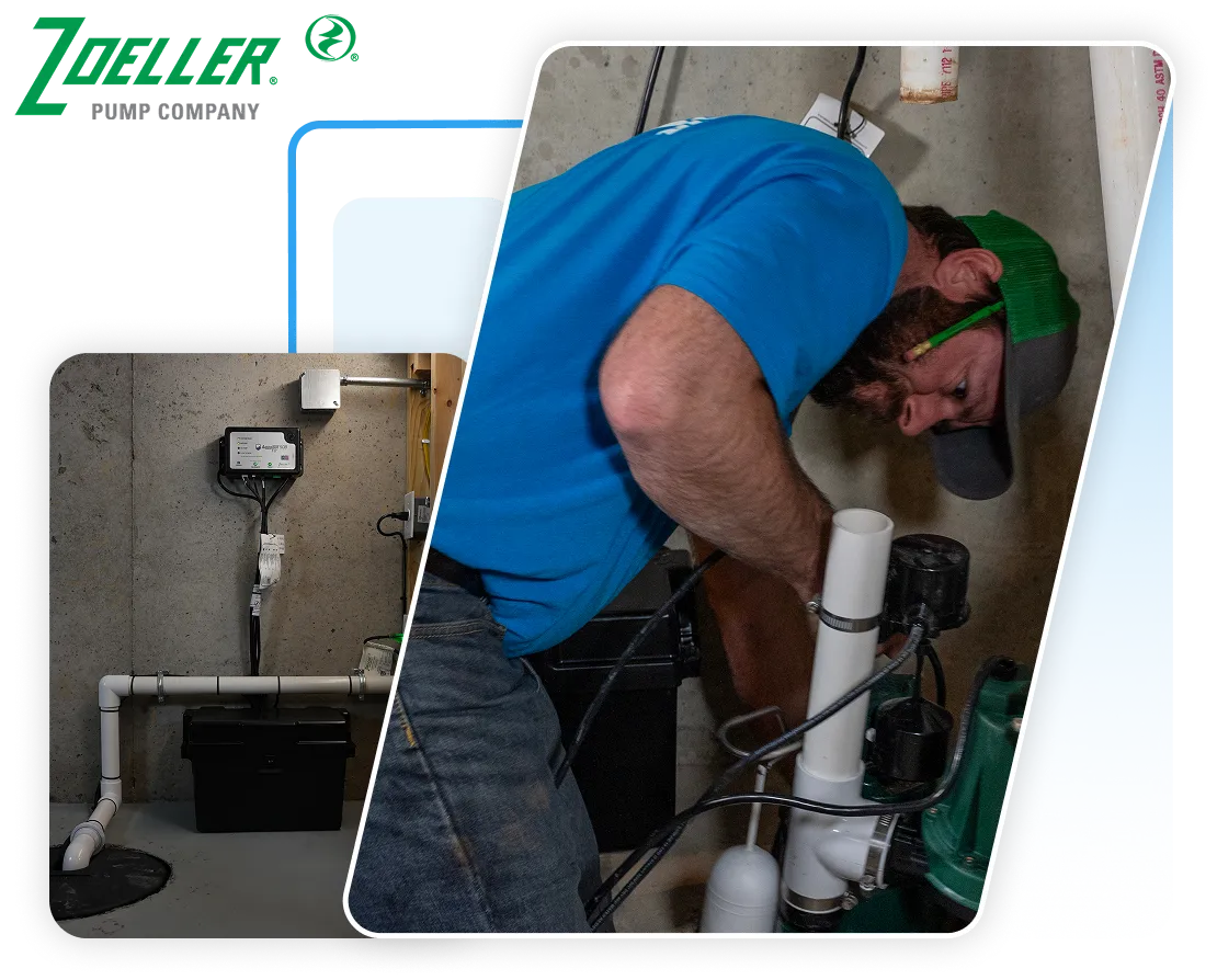 Plumber working closely on installing and connecting a heavy-duty sump pump system in a basement pit.