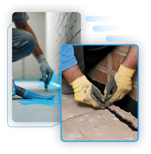 Construction worker using a blue applicator tool to apply liquid waterproof membrane on a concrete floor.