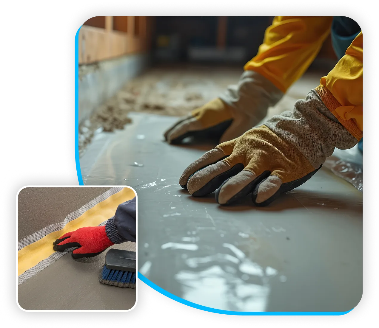 Installing a floor vapor barrier and sealing a basement wall joint.