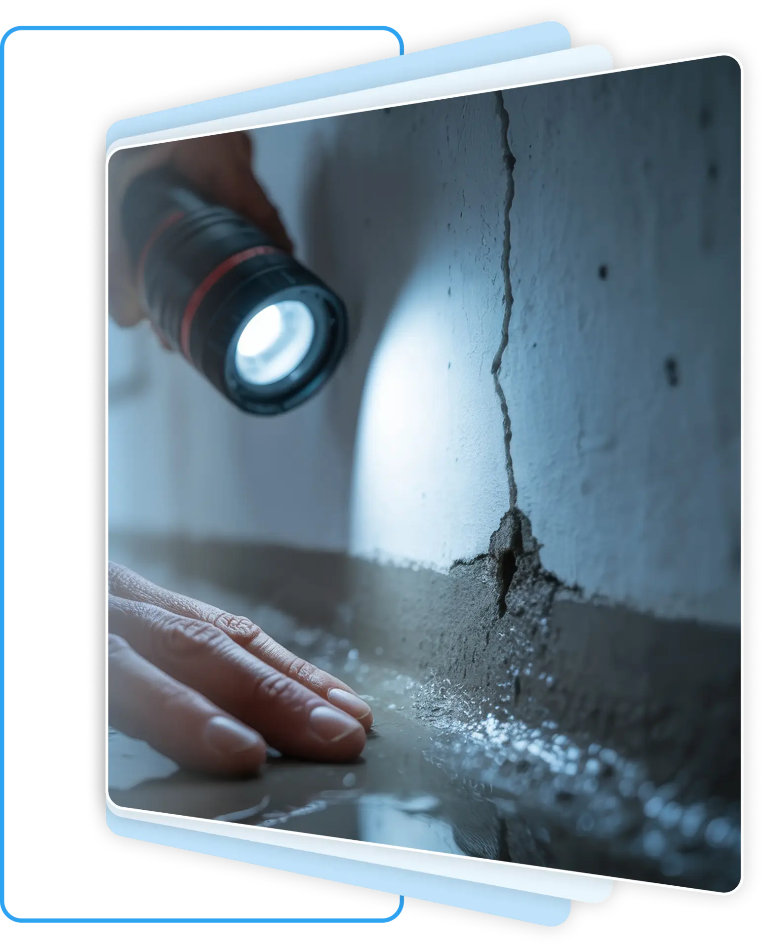 Inspecting a leaking foundation crack with a flashlight.