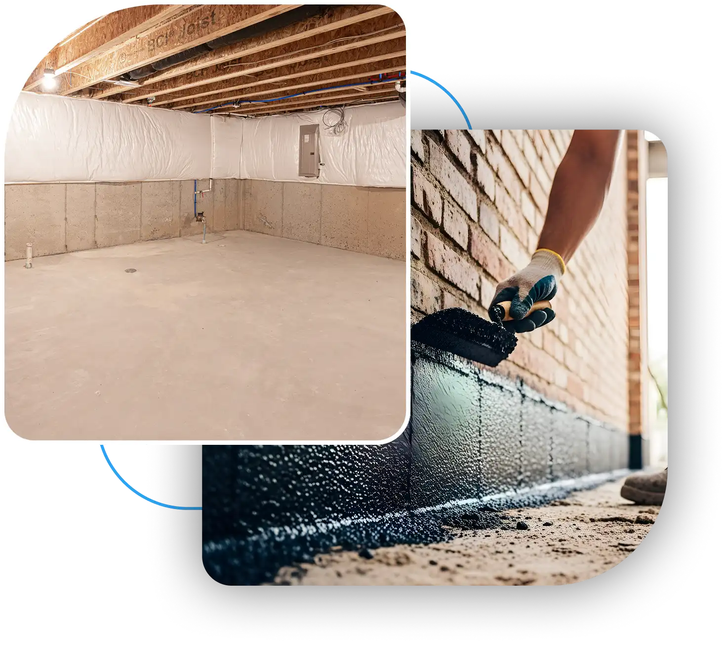 Collage showing a clean unfinished basement interior and a worker applying black exterior waterproofing to a brick foundation.