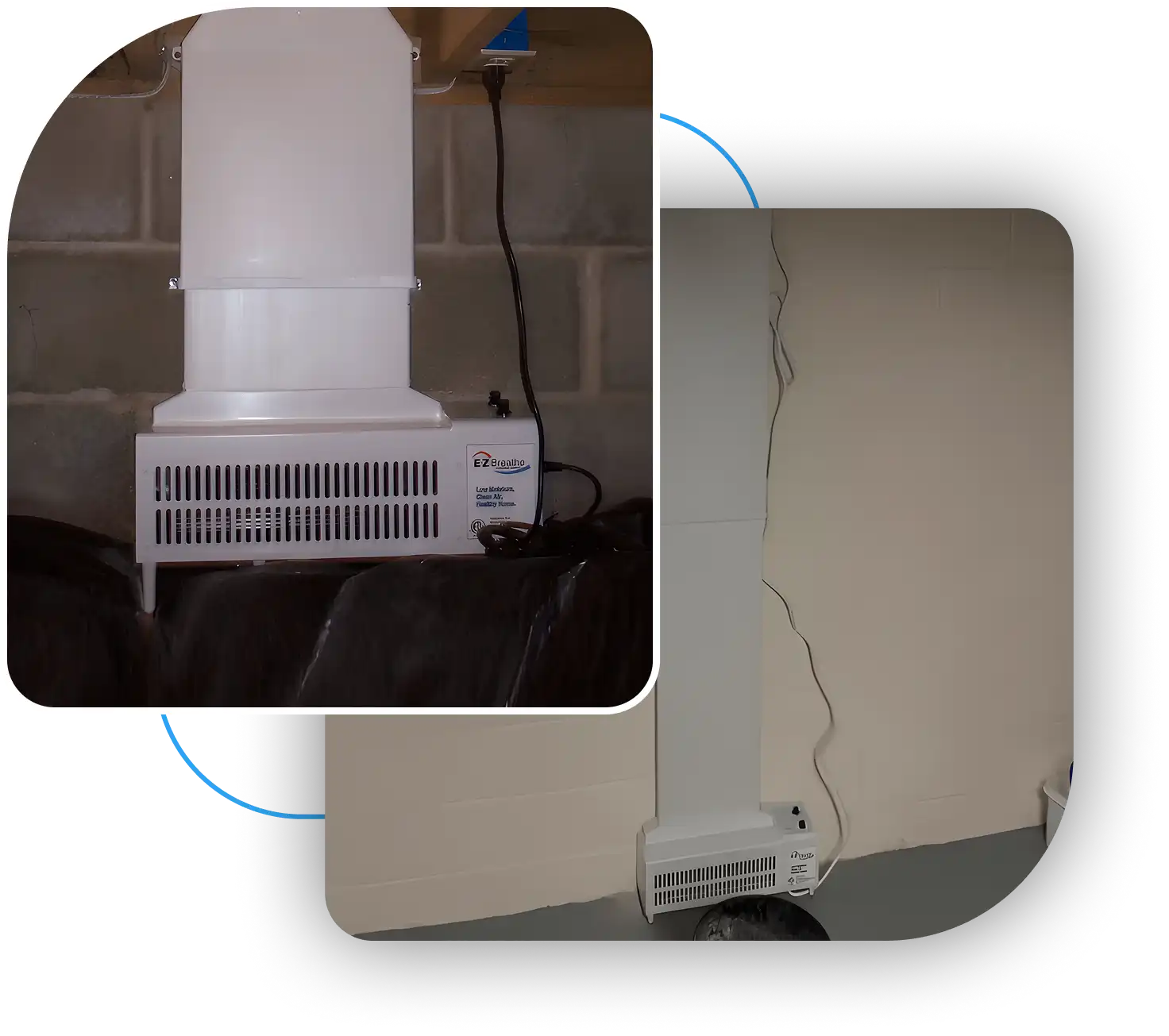 EZ Breathe home ventilation system unit mounted on a finished lower-level wall.
