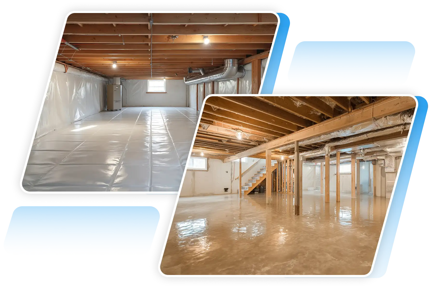 Side-by-side view of a fully encapsulated crawl space with white vapor barrier and a basement featuring a freshly sealed glossy concrete floor.