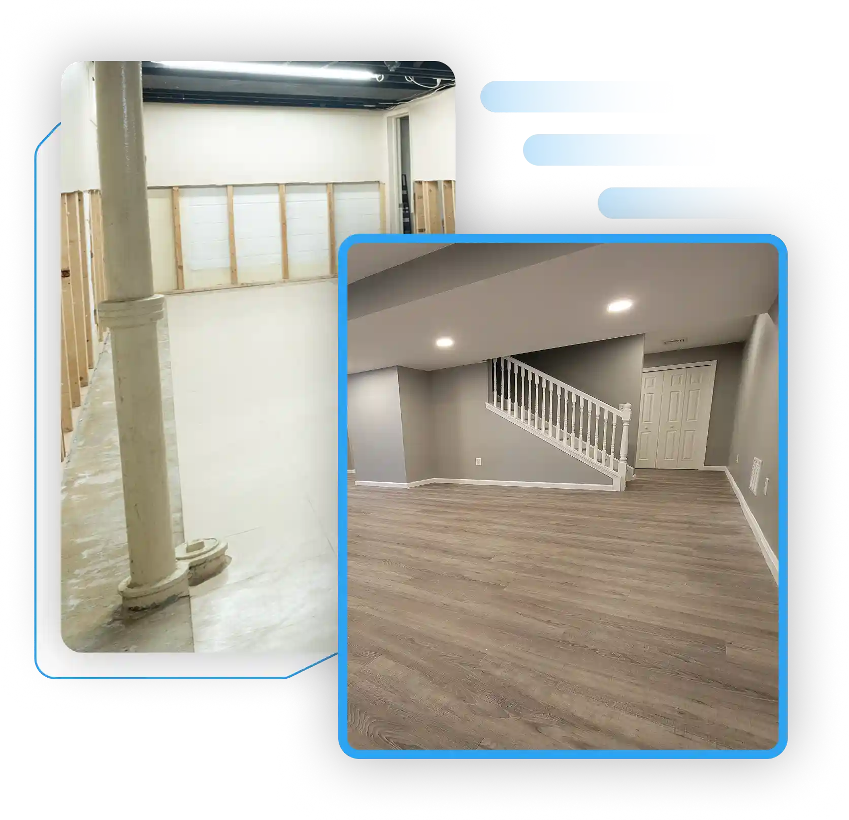 Before and after of a complete basement renovation and finishing project.
