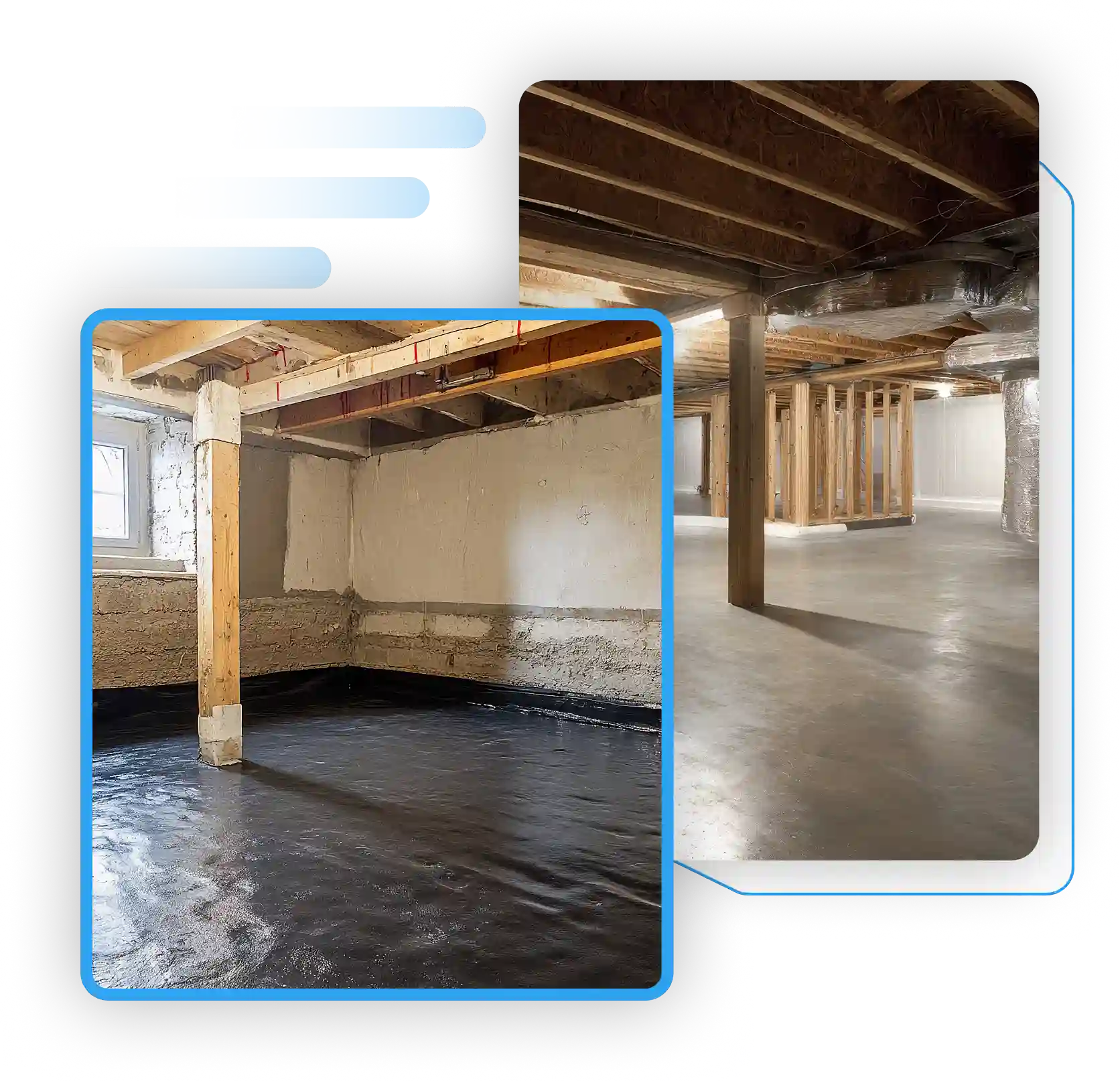 Unfinished basements with floor moisture barriers and sealed concrete.