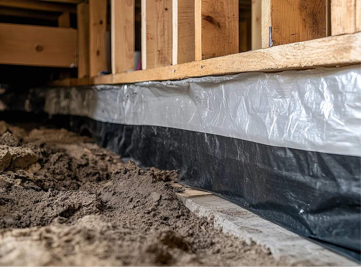 Dirt floor crawl space showing wooden framing and a black and white plastic vapor barrier installation.