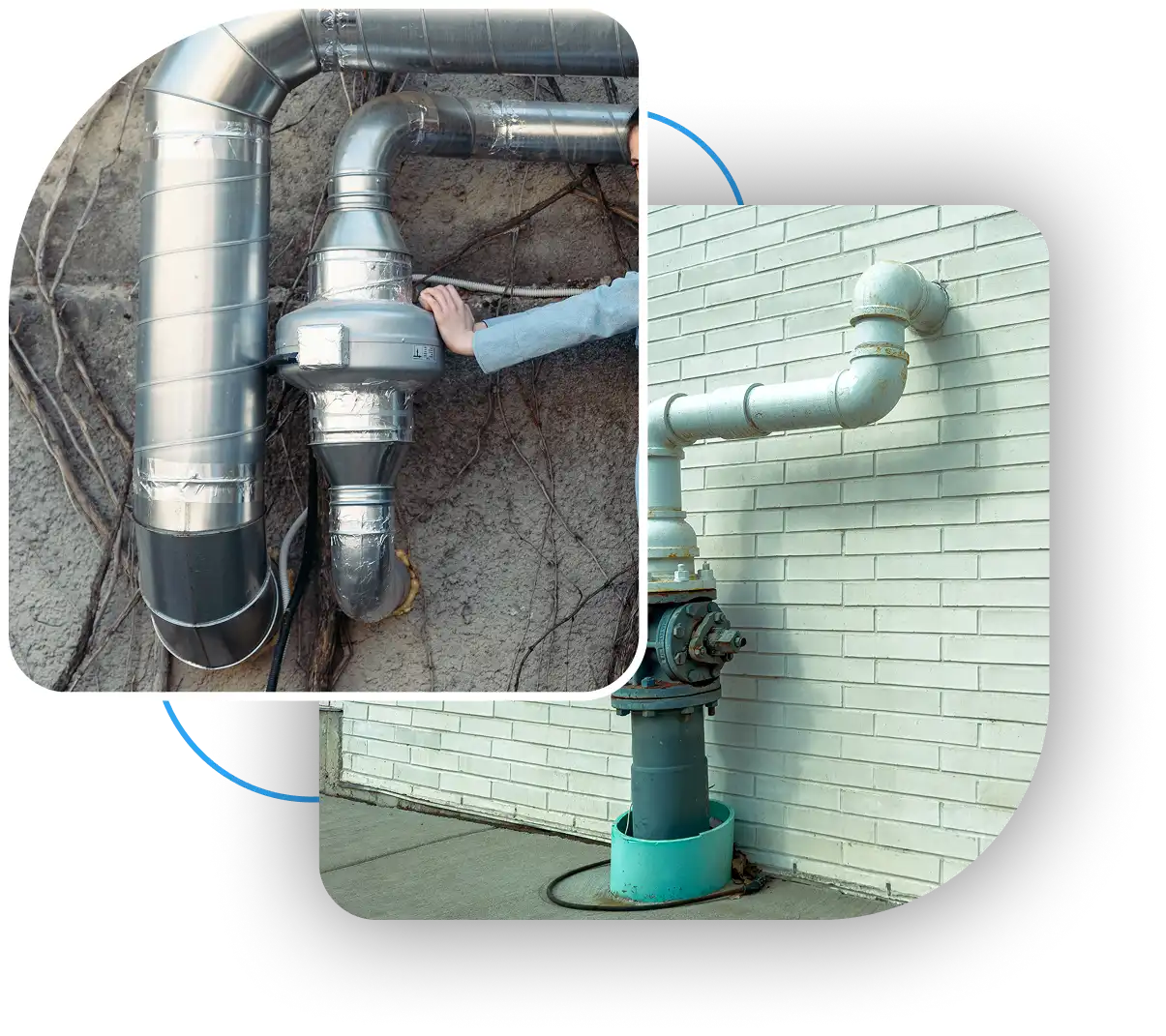 Exterior building infrastructure showing metal ventilation ducts and heavy plumbing pipes.