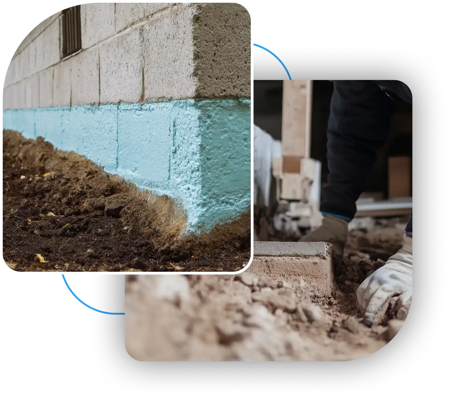 Collage showing a cinder block foundation sealed with blue exterior waterproofing and a worker repairing a concrete footing.