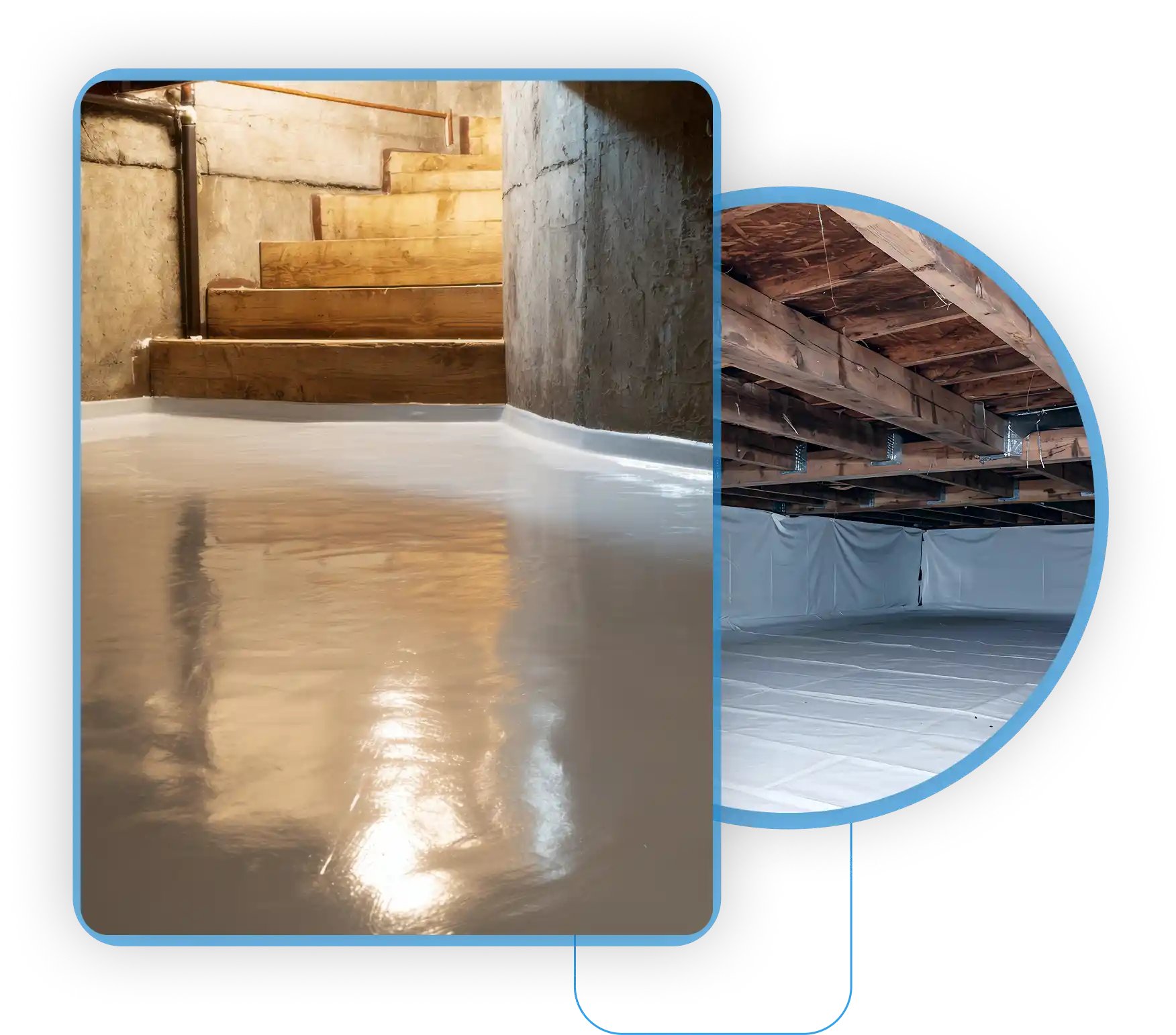 Glossy sealed basement floor and an encapsulated crawl space.