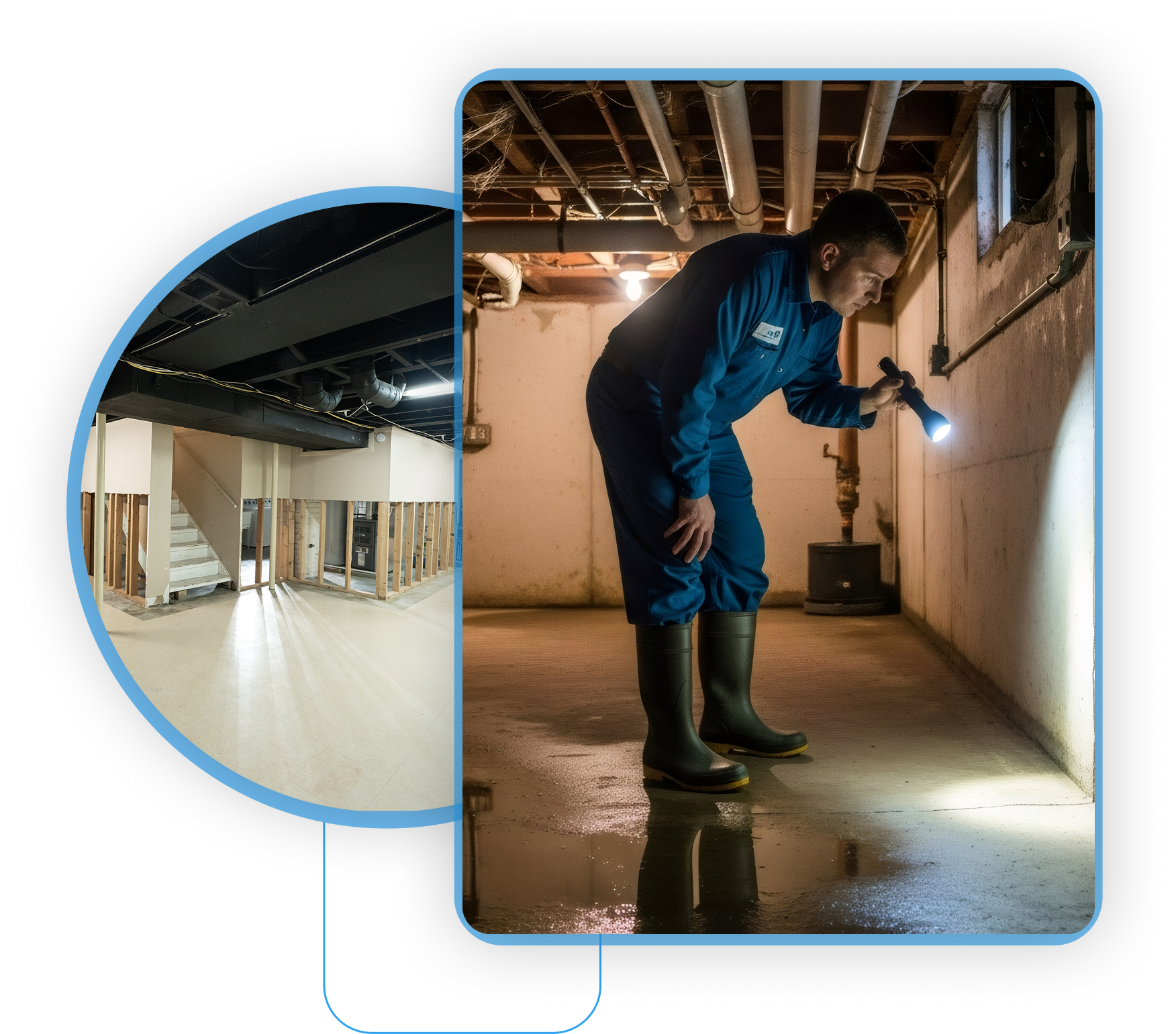 Inspecting a flooded basement foundation and a basement remodeling space.