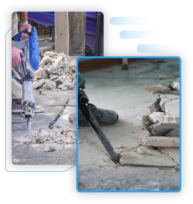 Collage of a construction worker using a heavy-duty blue electric jackhammer to break apart an exterior concrete slab and clear rubble.
