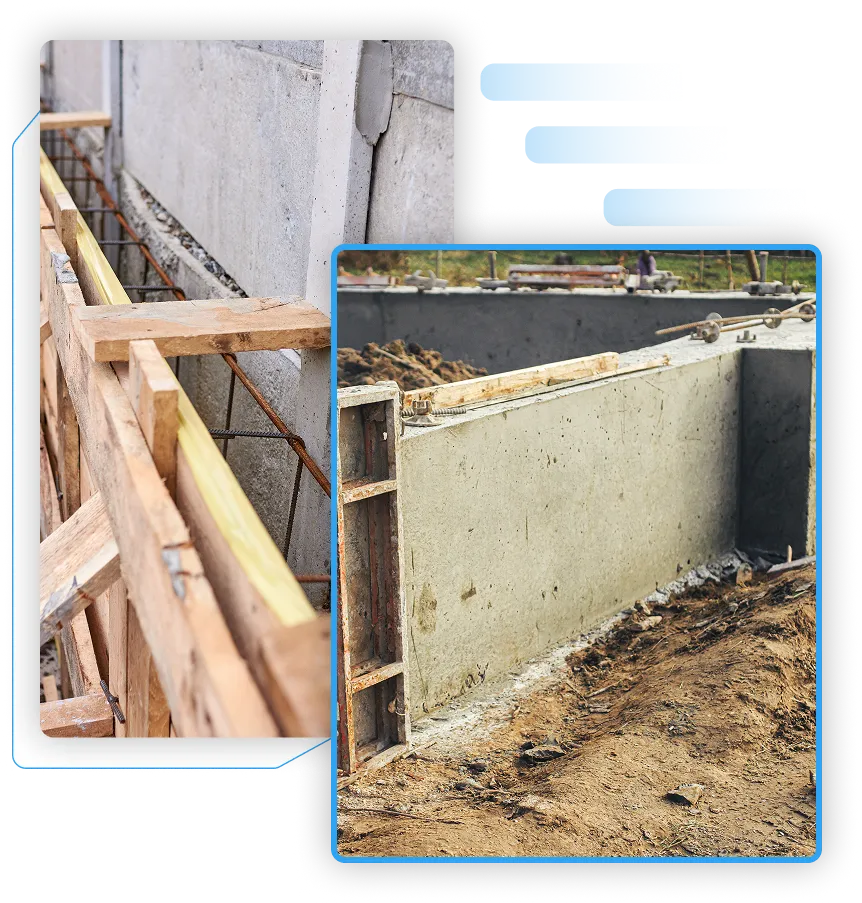 Wooden formwork and steel rebar preparation for pouring a structural concrete foundation wall.