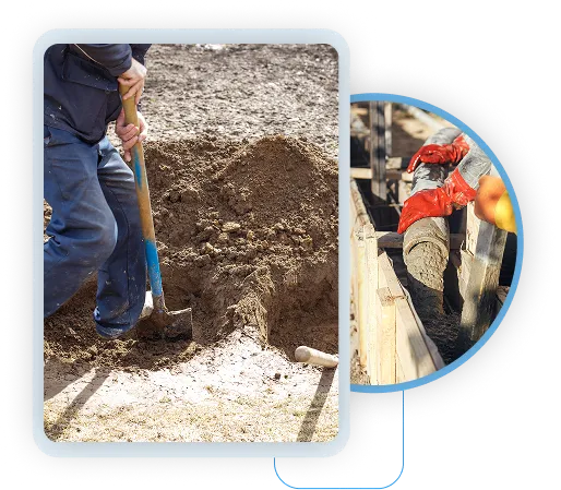 Collage of construction site preparation showing a worker digging a dirt trench with a shovel and another pouring concrete into foundation forms.