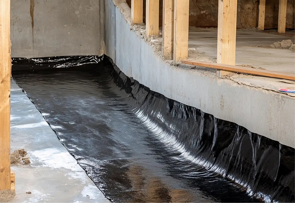 Waterproof membrane installed on a concrete foundation base.