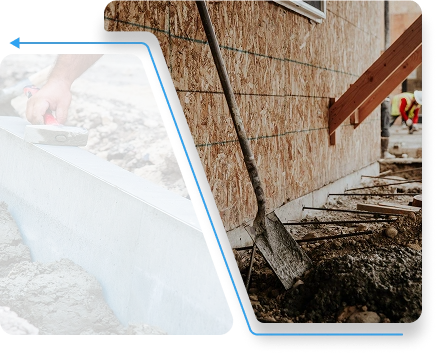 Shovel leaning against a newly poured concrete house foundation with exposed rebar and dirt trench.