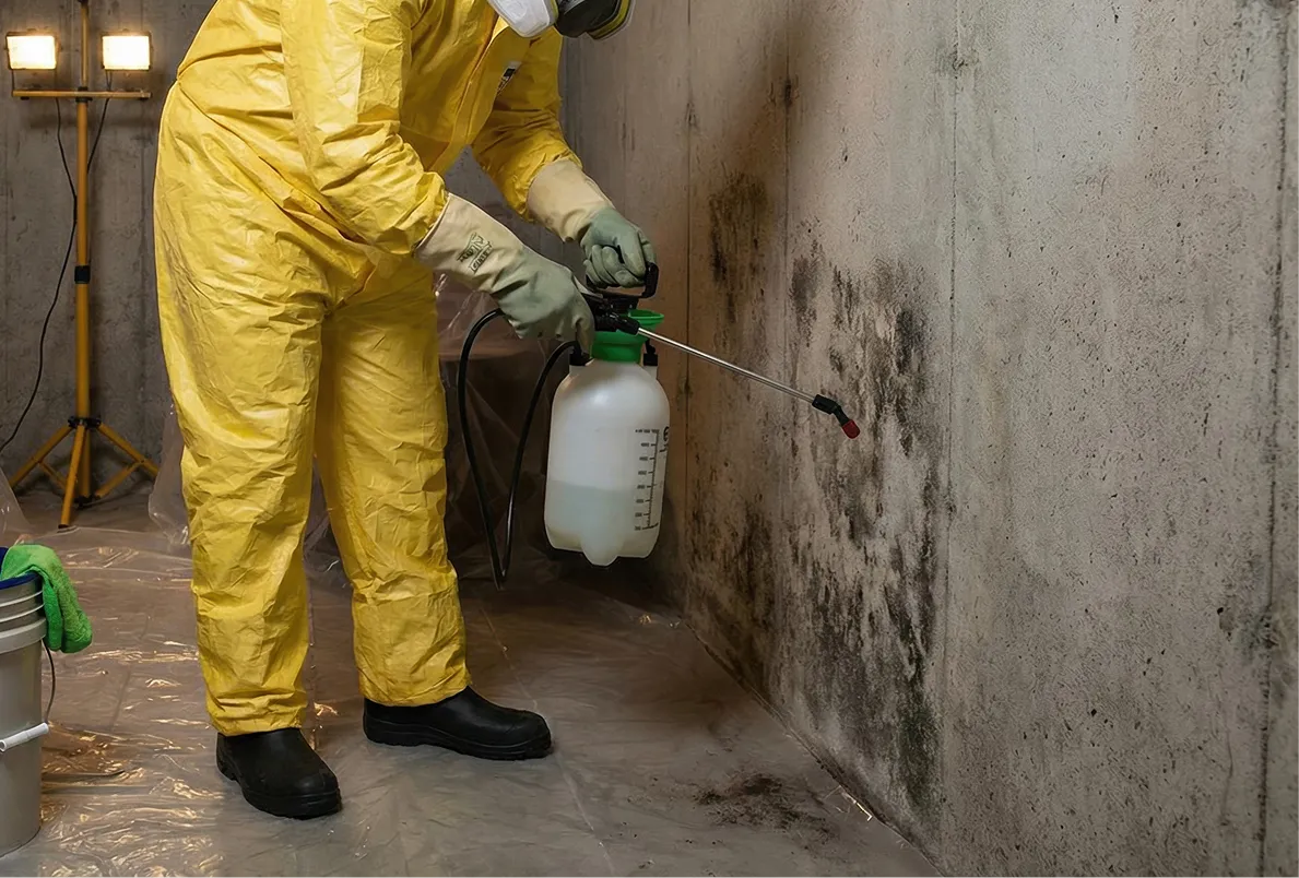 Worker treating concrete wall mold with a pump sprayer.