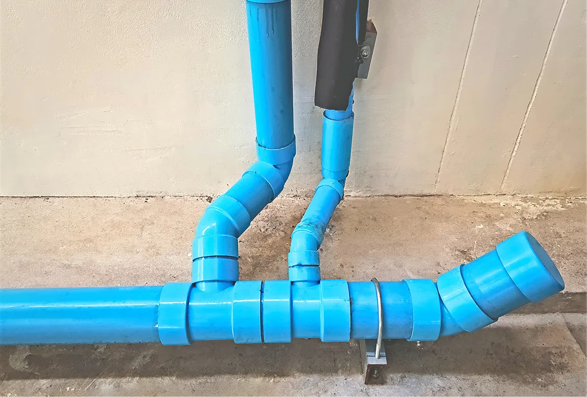 Blue PVC foundation drainage pipes.